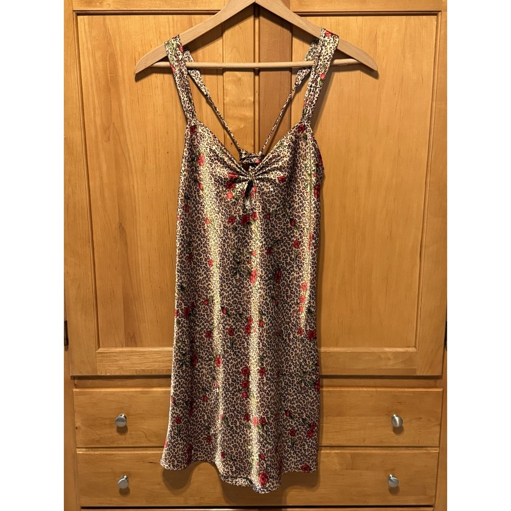 Vintage INNER MOST silky Leopard Print With Red Roses Dress Size Large Belt